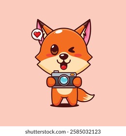 Cute fox with camera cartoon vector illustration. vector cartoon illustration suitable for poster, brochure, web, mascot, sticker, logo and icon.