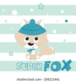 cute fox in a cap and scarf on striped background, Christmas greeting vector illustration