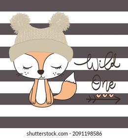 Cute fox in cap vector illustration. Fox wit wild one phrase.