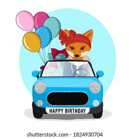 Cute Fox in the car with gifts and balloons.