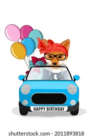 Cute Fox in the car with gifts and balloons. Suitable for posters, prints, and cards.