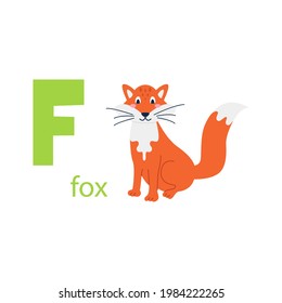 Cute fox card. Alphabet with animals. Colorful design for teaching children the alphabet, learning English. Vector illustration in a flat cartoon style on a white background