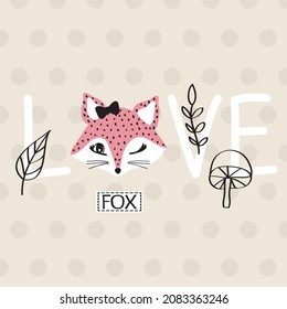 Cute fox cartoon animal vector illustration. Love card with fox. 