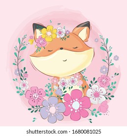 Cute fox cartoon with beautiful flowers