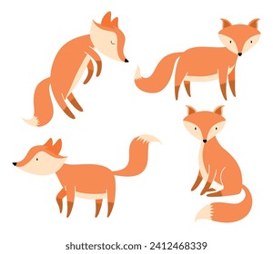 Cute fox cartoon character flat vector illustrations set.