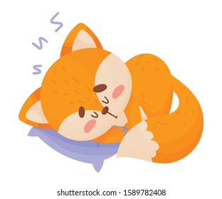 Cute Fox Cartoon Character Sleeping on Soft Pillow Vector Illustration