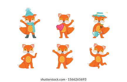 Cute Fox Cartoon Character Vector Set. Forest Creature Holding Heart
