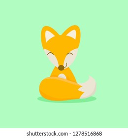 cute fox cartoon color orange on green background flat style.vector illustration