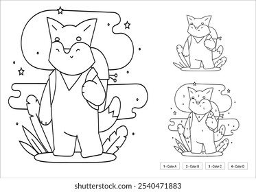 Cute fox cartoon coloring page illustration vector. For kids coloring book. Black and White Vector Illustration of a Happy Fox . Cute Cartoon Fox Isolated on a White Background Coloring page. 106