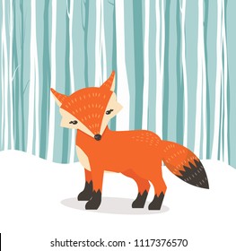 Cute fox cartoon, flat style with Winter background