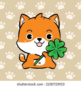 Cute Fox Cartoon, Fox Holding Lucky Four Leaf Clover, Lucky Animals, Doodle cartoon style.