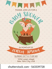 Cute fox cartoon illustration for baby shower invitation card design template