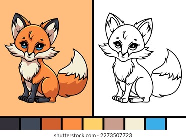 Cute fox cartoon illustration in coloring page style baby wild animal