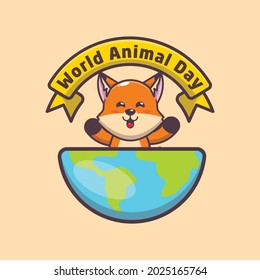 cute fox cartoon illustration in world animal day. cute vector design character. Vector isolated flat illustration for poster, brochure, web, mascot, sticker, logo and icon.