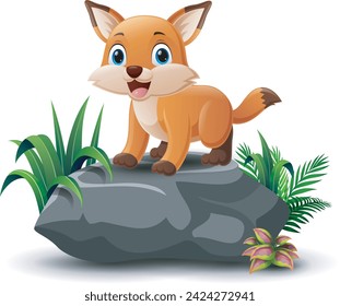 Cute fox cartoon on the stone