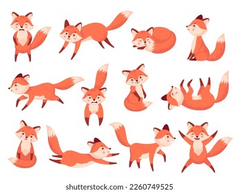 Cute fox  Cartoon red forest animals and various emotions  funny crafty carnivorous predators in different poses wildlife zoo concept  Vector flat set fox mammal  wildlife cartoon illustration