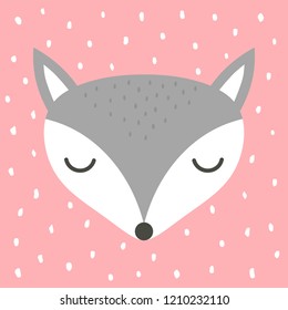 cute fox cartoon scandinavian illustration, cartoon animal portrait with sleepy fox face