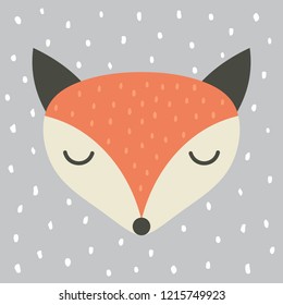 cute fox cartoon scandinavian illustration, cartoon animal portrait with sleepy fox face