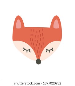 Cute fox cartoon scandinavian vector illustration, cartoon animal portrait with sleepy fox face nordic.