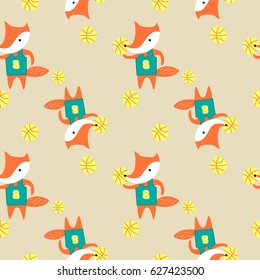 Cute Fox Cartoon Seamless Pattern Vector Illustration