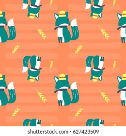 Cute Fox Cartoon Seamless Pattern Vector Illustration