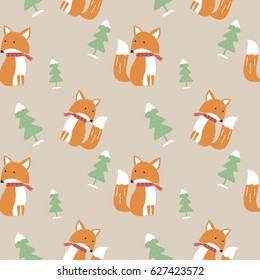 Cute Fox Cartoon Seamless Pattern Vector Illustration