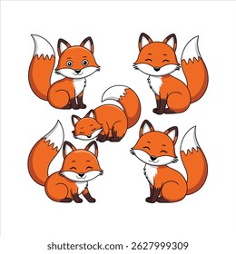 Cute fox Cartoon style with various emotions set vector illustration