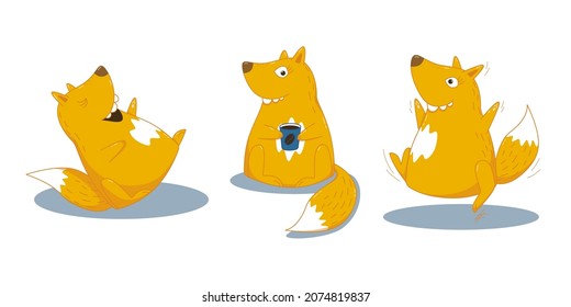 Cute fox cartoon vector character set. Happy, laughing and drinking coffee foxes isolated stickers, patches pack, kids illustration. Fox emoticons. 