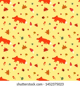 cute fox  cartoon in woodland.autumn seamless pattern vector.