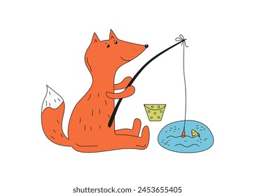 Cute fox catches fish by the lake. Animal, fishing. Fox fisherman. Doodle, drawing. Vector illustration on white isolated background.