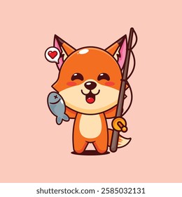 Cute fox catching fish with fishing rod cartoon vector illustration. vector cartoon illustration suitable for poster, brochure, web, mascot, sticker, logo and icon.