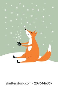 The cute fox catching snowflakes. Winter illustration. Christmas and New Year card