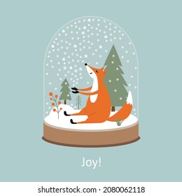 Cute fox catching snowflakes. Winter illustration. Christmas and New Year card	
