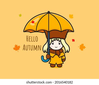 Cute fox celebrate autumn cartoon icon illustration. Design isolated flat cartoon style
