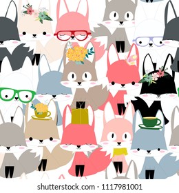 Cute fox celebrated cartoon seamless pattern,colorful illustration vector by freehand doodle comic art