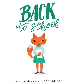Cute fox character Back to school concept with lettering sign.