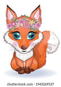Cute fox character with beautiful eyes among flowers.