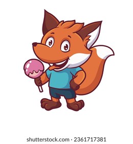 Cute fox character with big candy, vector hand drawn art