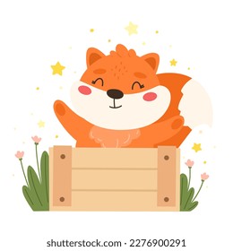 Cute fox character in a box, kids print, happy fox. Vector illustration.