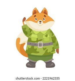 Cute fox character in camouflage cartoon illustration. Serious animal soldier in military uniform saluting officer. Army, zoo, warrior concept