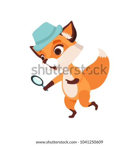 Cute fox character detective holding magnifying glass, funny forest animal vector Illustration on a white background