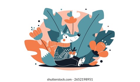 Cute fox character enjoying a warm drink amidst lush foliage