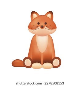 Cute fox character as kids toy 3D illustration. Cartoon drawing of adorable orange forest animal as mascot or gift in 3D style on white background. Wildlife, nature, childhood concept