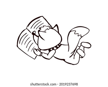 Cute fox character lies on his stomach and reads a book. Vector black and white illustration in doodle style