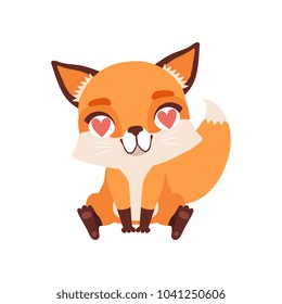 Cute fox character in love with hearts in its eyes, funny forest animal vector Illustration on a white background