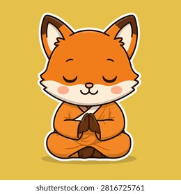 Cute Fox Character Meditating in Monk Robe with Praying Hands, Zen Mindfulness Flat Illustration for Yoga, Wellness Sticker, Nursery Wall Art, and Kids Product Design