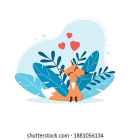 
Cute fox character on a background of leaves. Cheerful fox with hearts. Vector illustration for Valentine's Day. Suitable for postcards, stickers, prints. Flat, cartoon style.