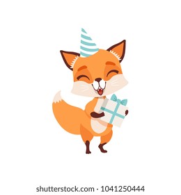 Cute fox character in party hat holding gift box, funny forest animal vector Illustration on a white background