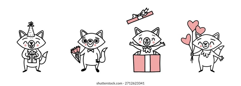 Conjunto de personajes de zorro lindo con sombreros de fiesta, globos y una caja de regalo. Festiva doodle animal mascota en colores rosa y negro para la celebración de cumpleaños, decoración de Navidad y diseños festivos para niños.