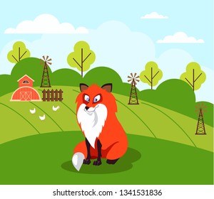 Cute fox character sinning on farm meadow nature forest. Vector design graphic flat cartoon illustration